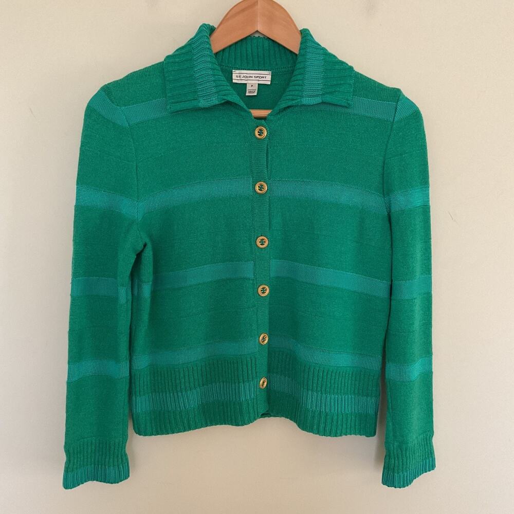 St. John Sport Santana Knit Button Up Cardigan Sweater Sz P Green Luxury Preppy